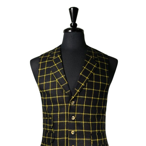 Mens 42R Wool Vest Black Yellow Windowpane Check Plaid Waistcoat Formal Wedding - Picture 4 of 10
